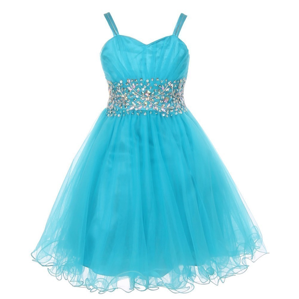 Little Girls Jade Stone Encrusted Pleated Tulle Party Dress 2-6