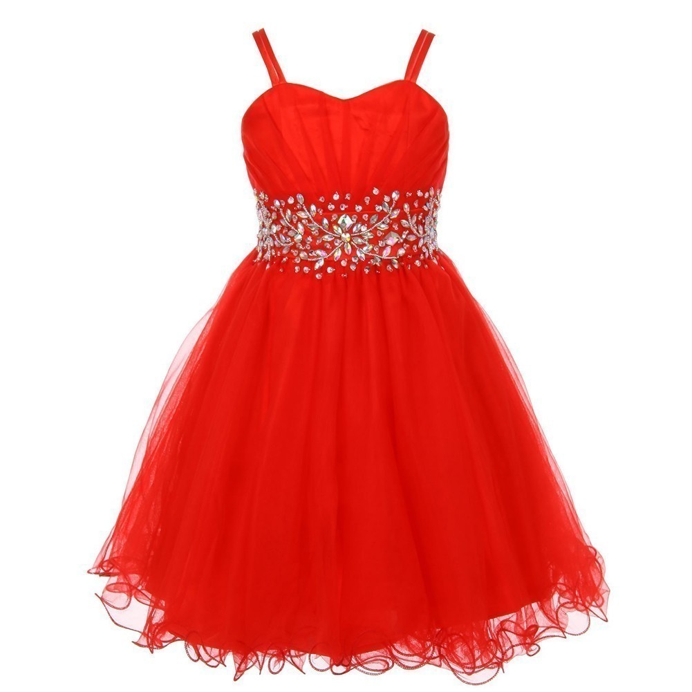 Big Girls Red Stone Encrusted Pleated Tulle Junior Bridesmaid Dress 8-16