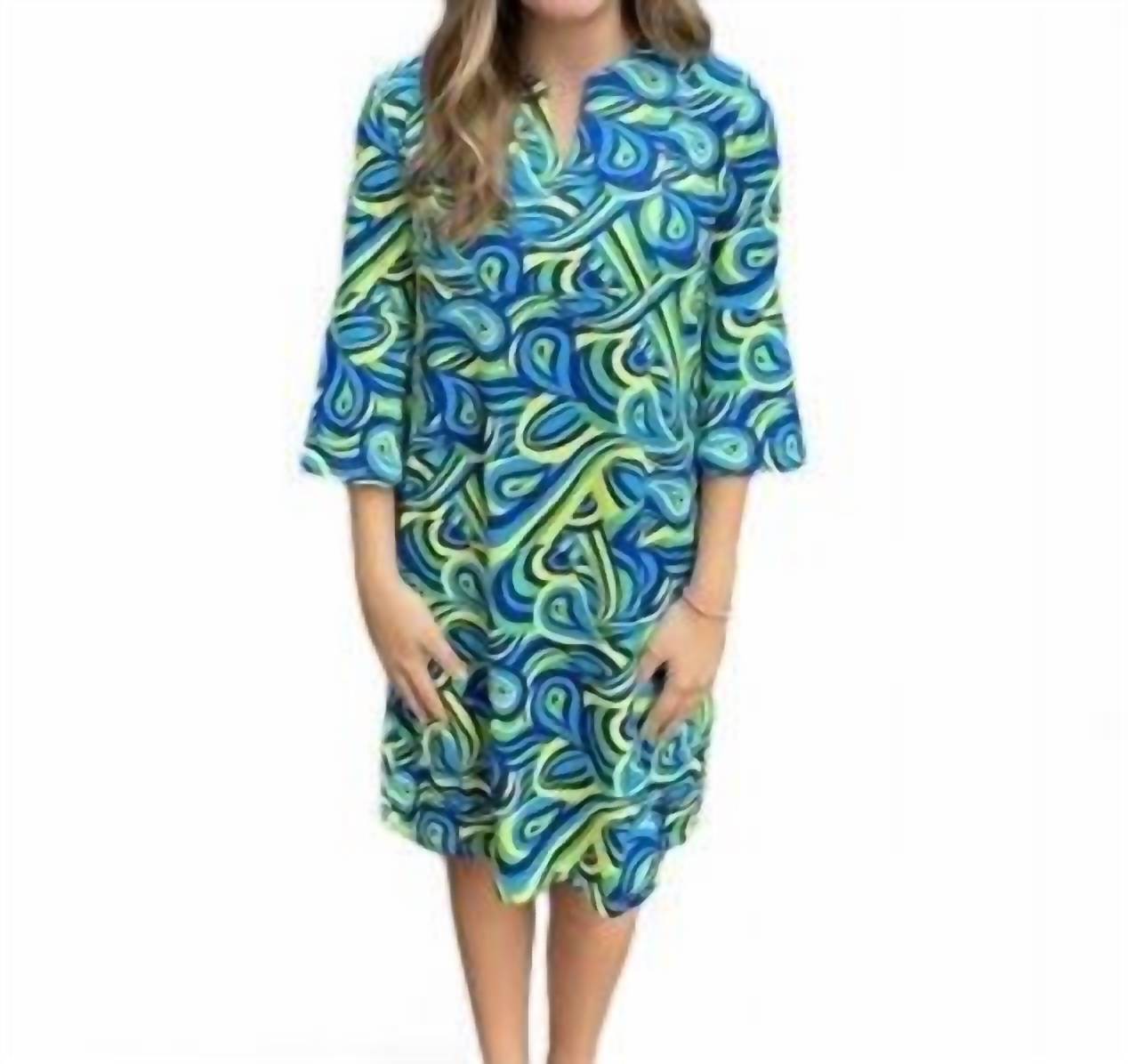 Swirl Print Dress In Blue, Green And Yellow