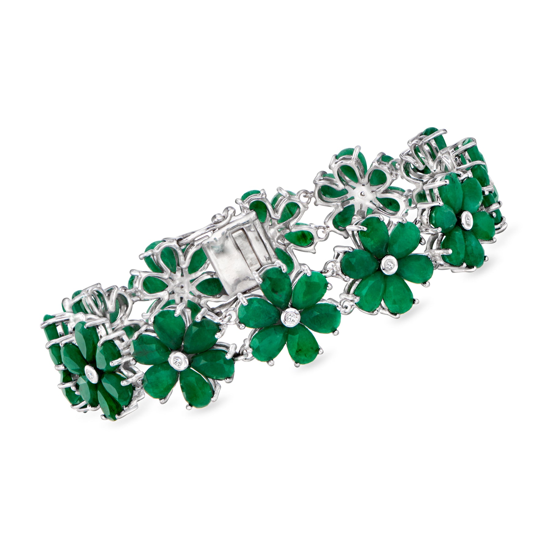 Ross-Simons Emerald and . Diamond Flower Bracelet in Sterling Silver