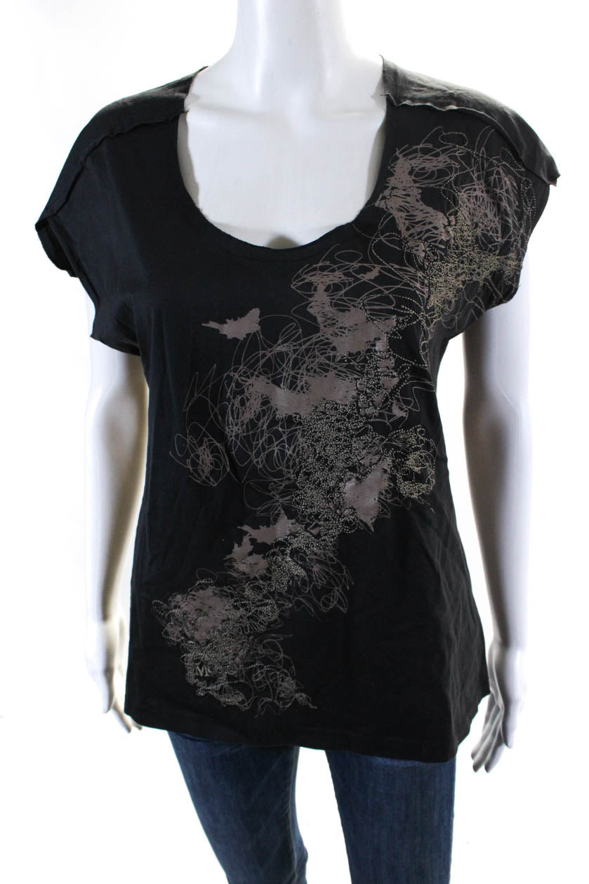 Alexander McQueen Womens Cotton Graphic Scoop Neck Short Sleeve Top Black 7833285001276
