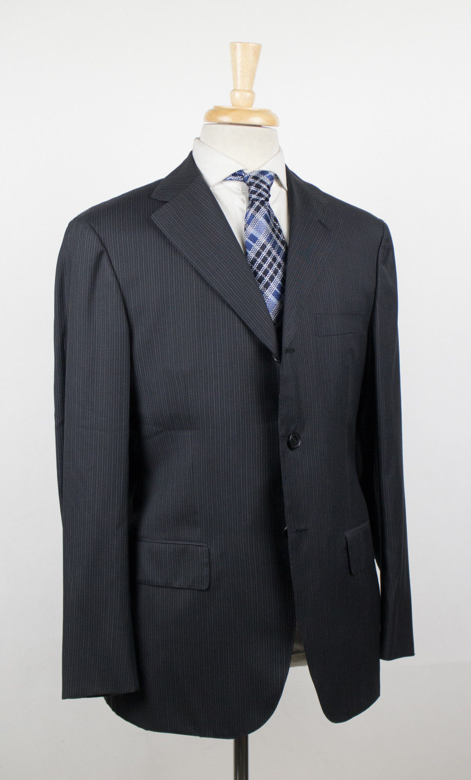 Black Striped Wool Blend 3 Roll Two-Button Sport Coat