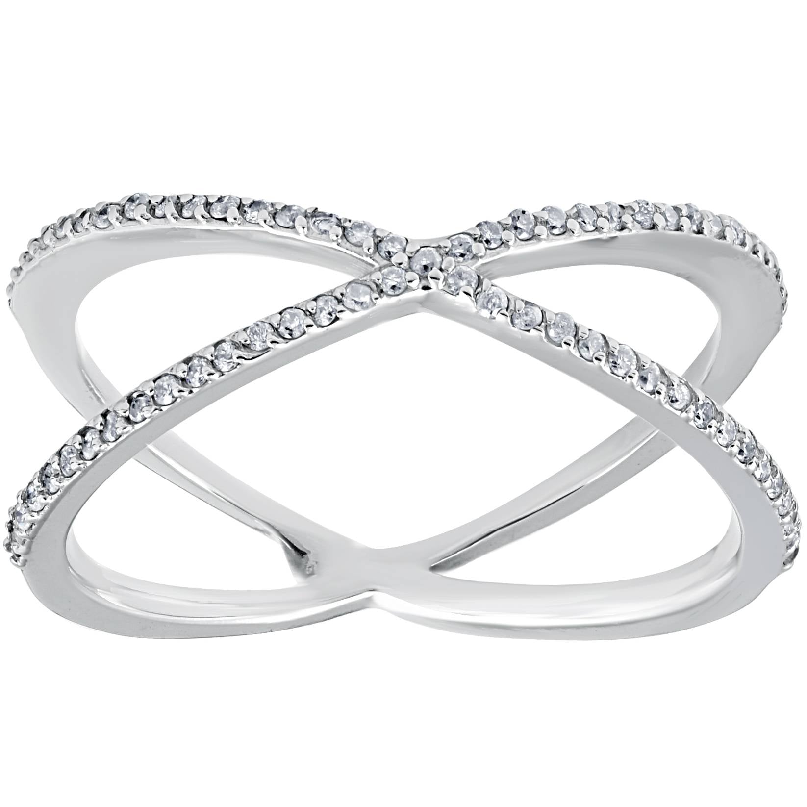 1/5CT 10K White Gold Round Diamond Crossover Cocktail Fashion Statement X Ring