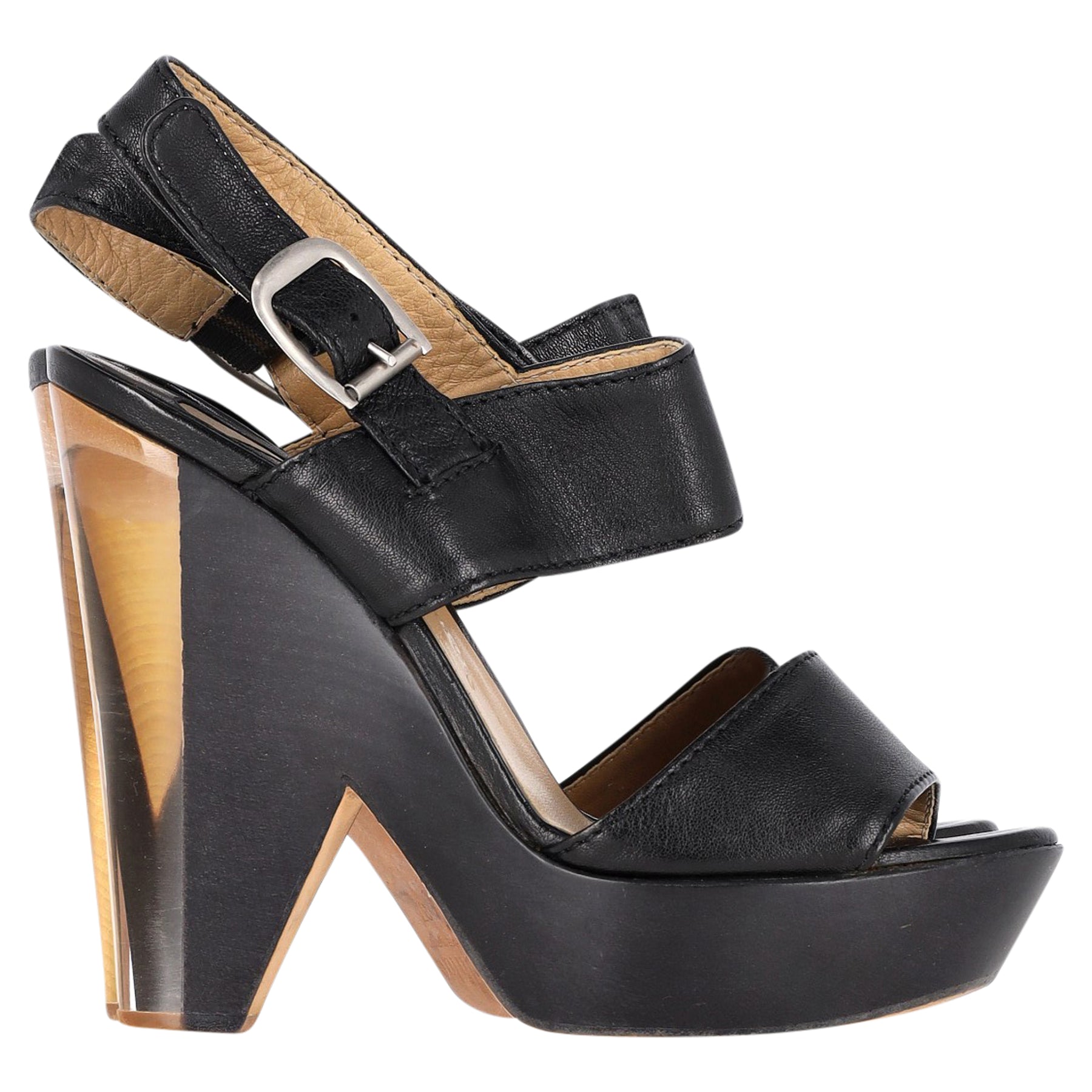 Chloe Platform Heels in Black Leather and Wood