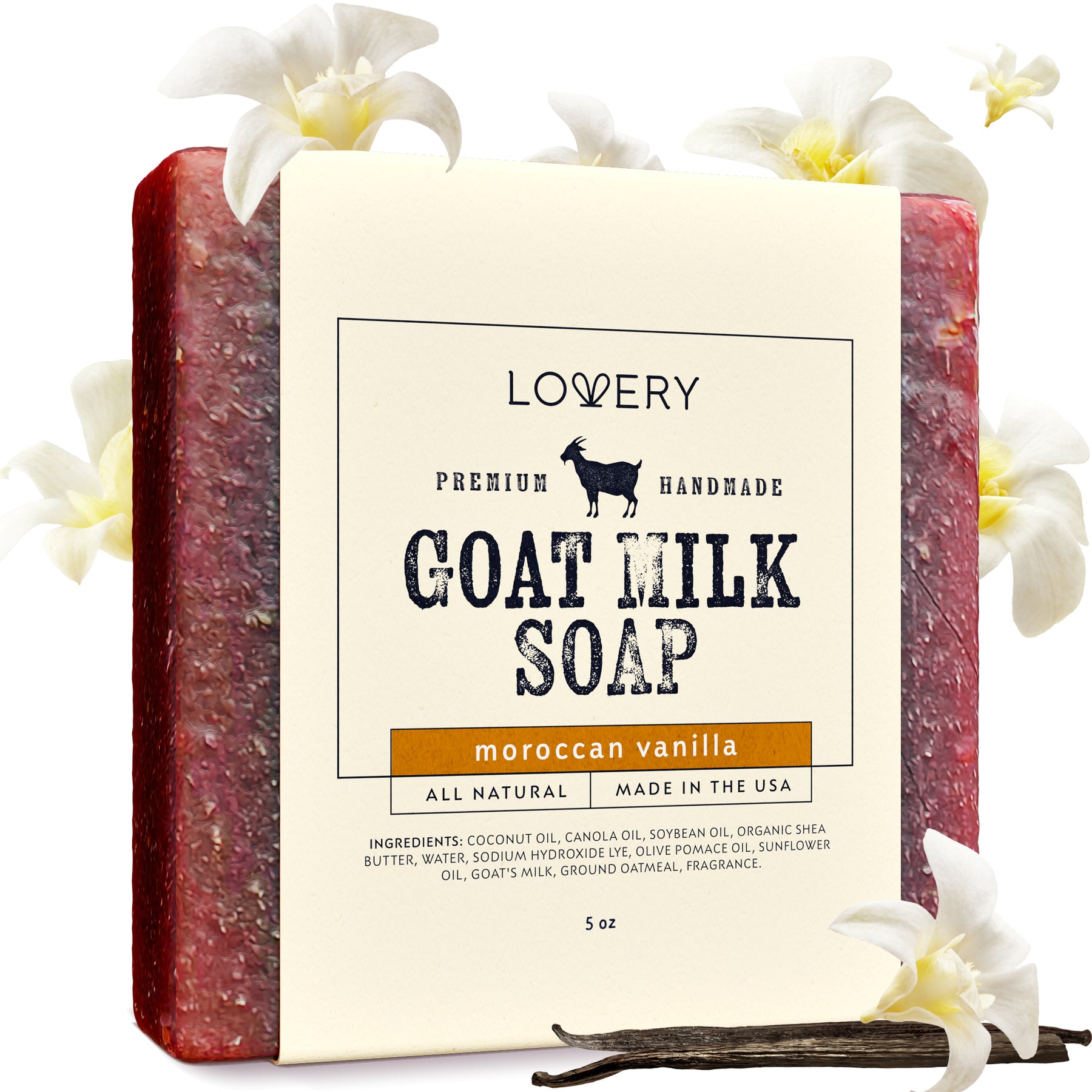 Lovery - Handmade Goat Milk Soap Made in USA with Organic Shea Butter - Moroccan Vanilla Scent - Goats Milk Soap Bar, Oatmeal Soap Base - All Natural Soap BarMade with Organic Goat Milk, Single 7704779194428