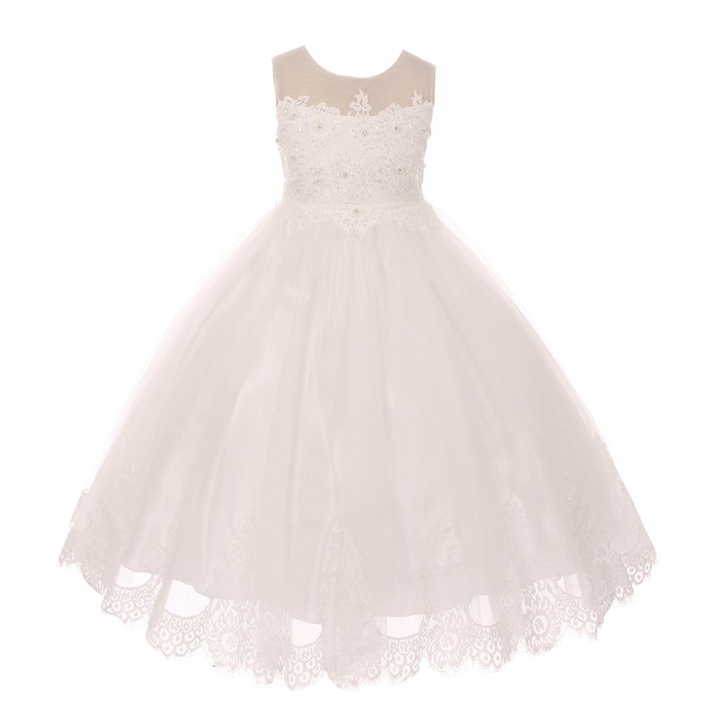 Big Girls Ivory Lace Stone Applique Tulle Communion Dress 8-16