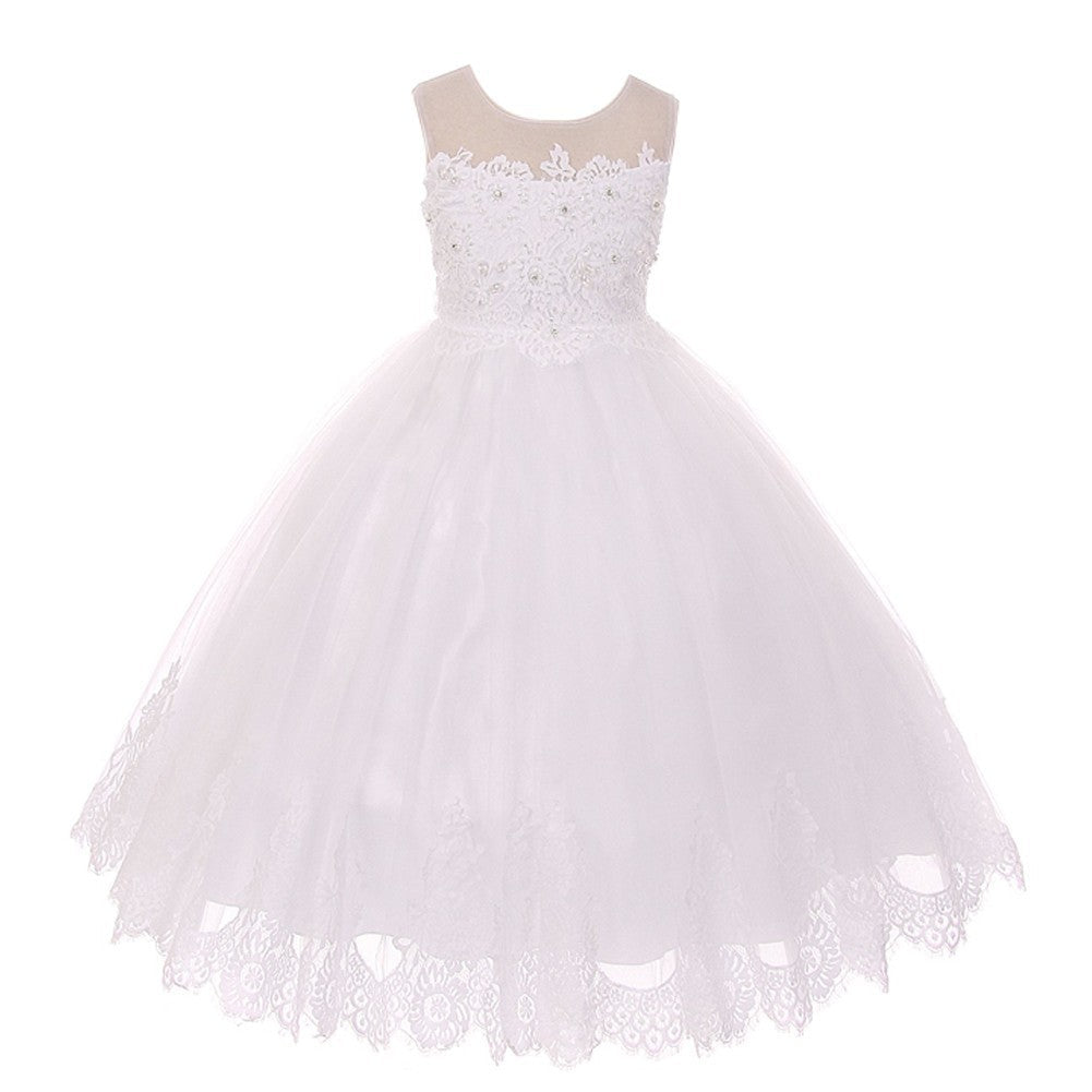 Little Girls White Lace Stone Applique Tulle Flower Girl Dress 4-6