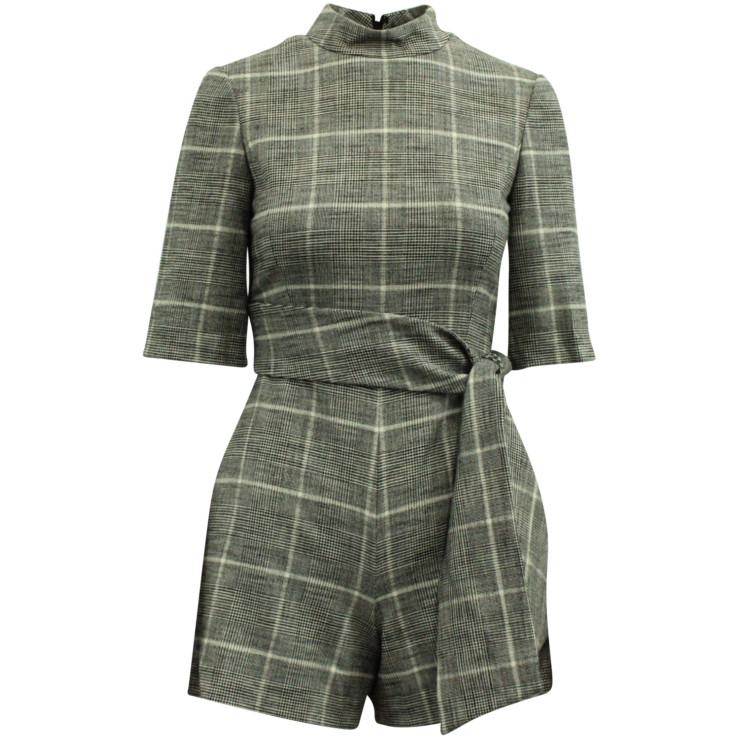 Alice + Olivia Virgil Check Print Tie Belt Playsuit In Black Viscose 7764881604668