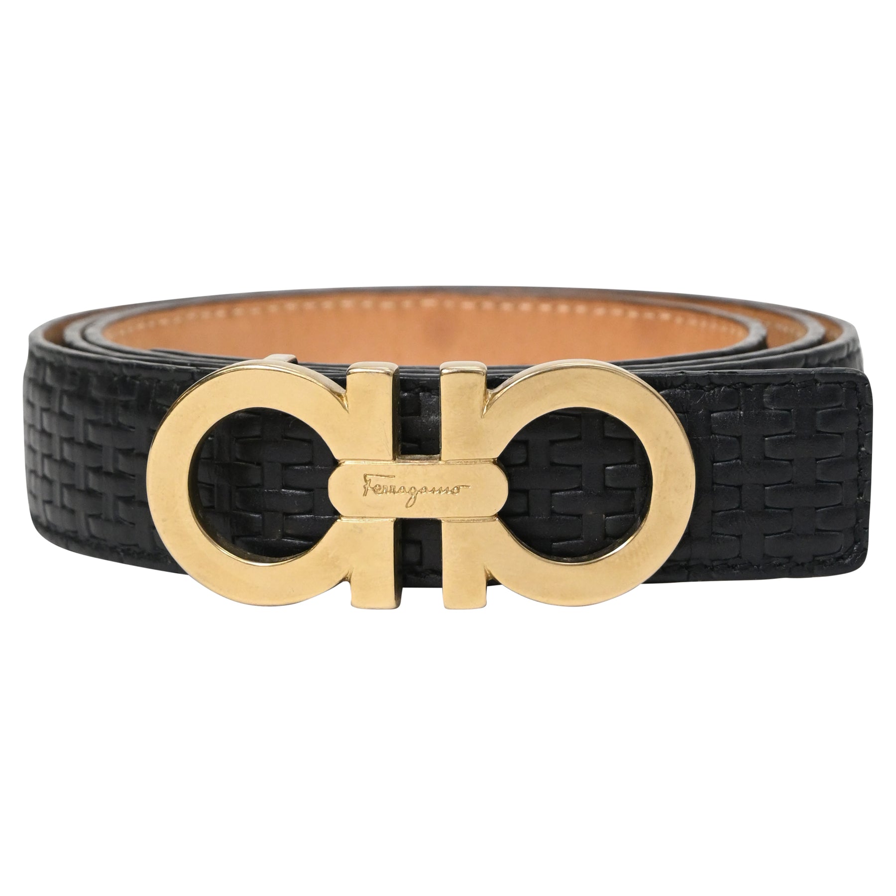 Salvatore Ferragamo Buckled Weave Detail Belt in Black Leather 7833193250876