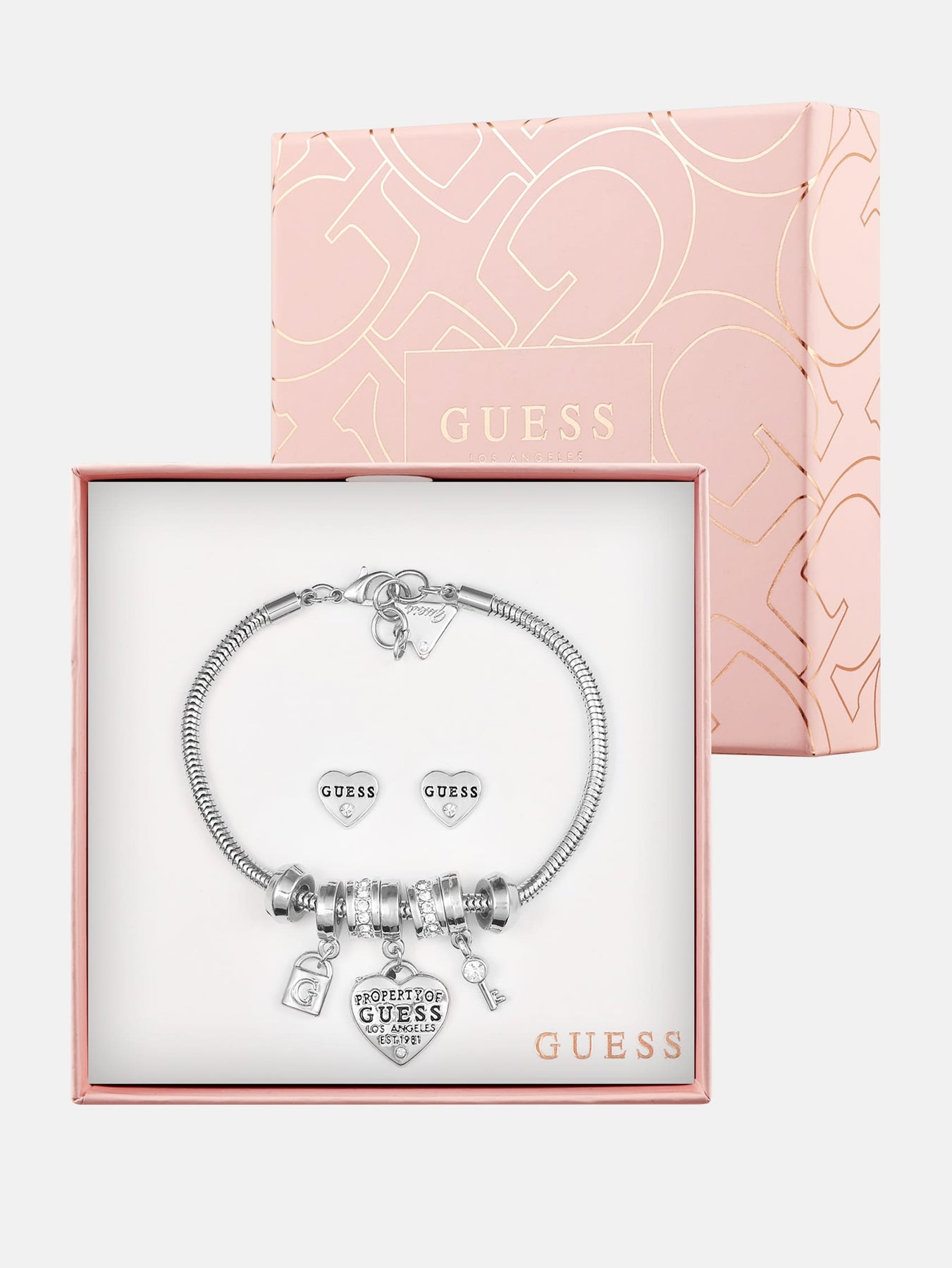 Silver-Tone Charm Bracelet and Heart Earrings Box Set