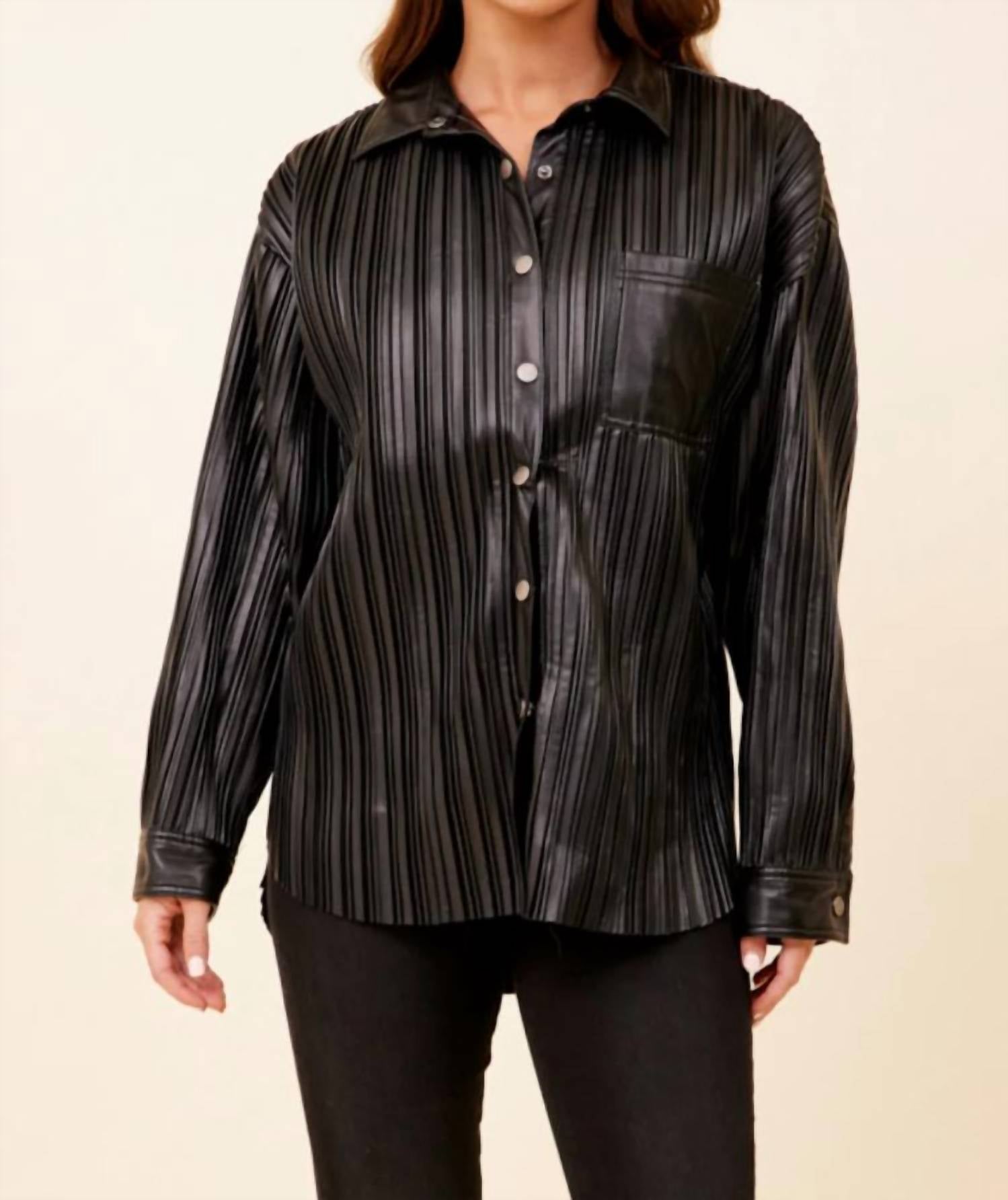Pleated Faux Leather Jacket In Black