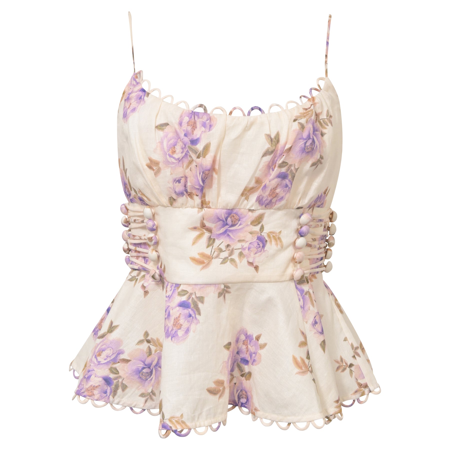 Zimmermann Floral Print Laced Peplum Top in Multicolor Cotton