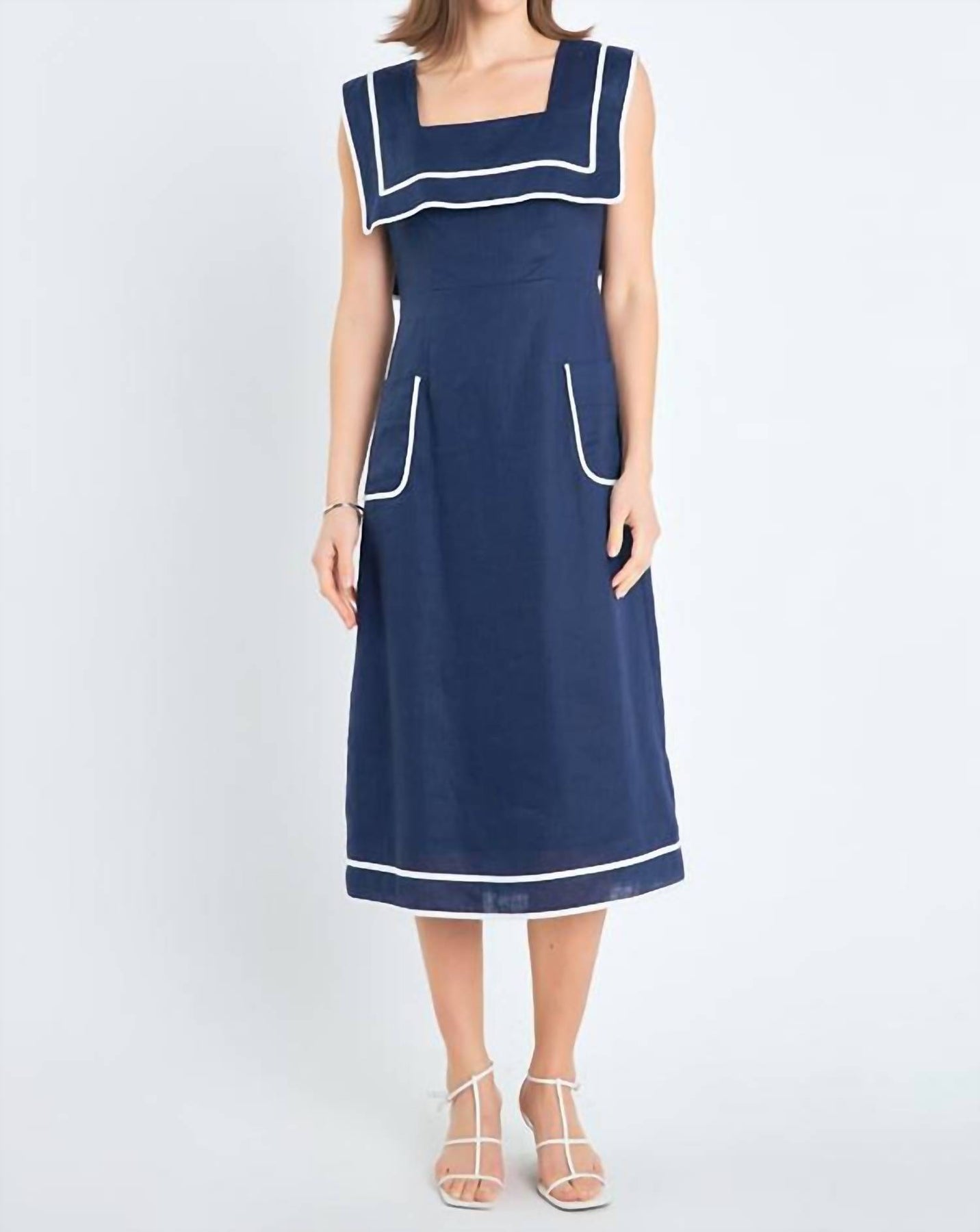 Square Neckline Midi Dress In Navy 7733848473660