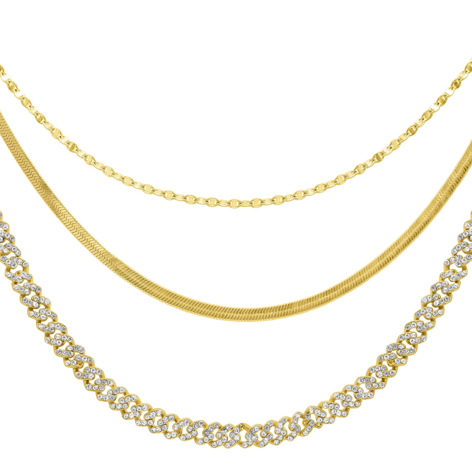 14k Gold Plated Adjustable Valentina, Herringbone amd 8mm Crystal Curb Chain Necklace Set