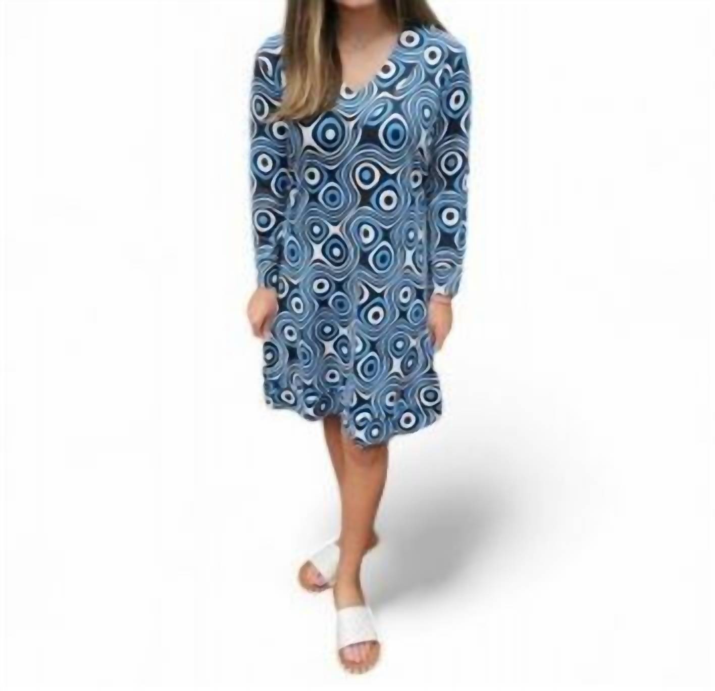 Circle And Swirl Print Vneck Dress In Black/blue/white
