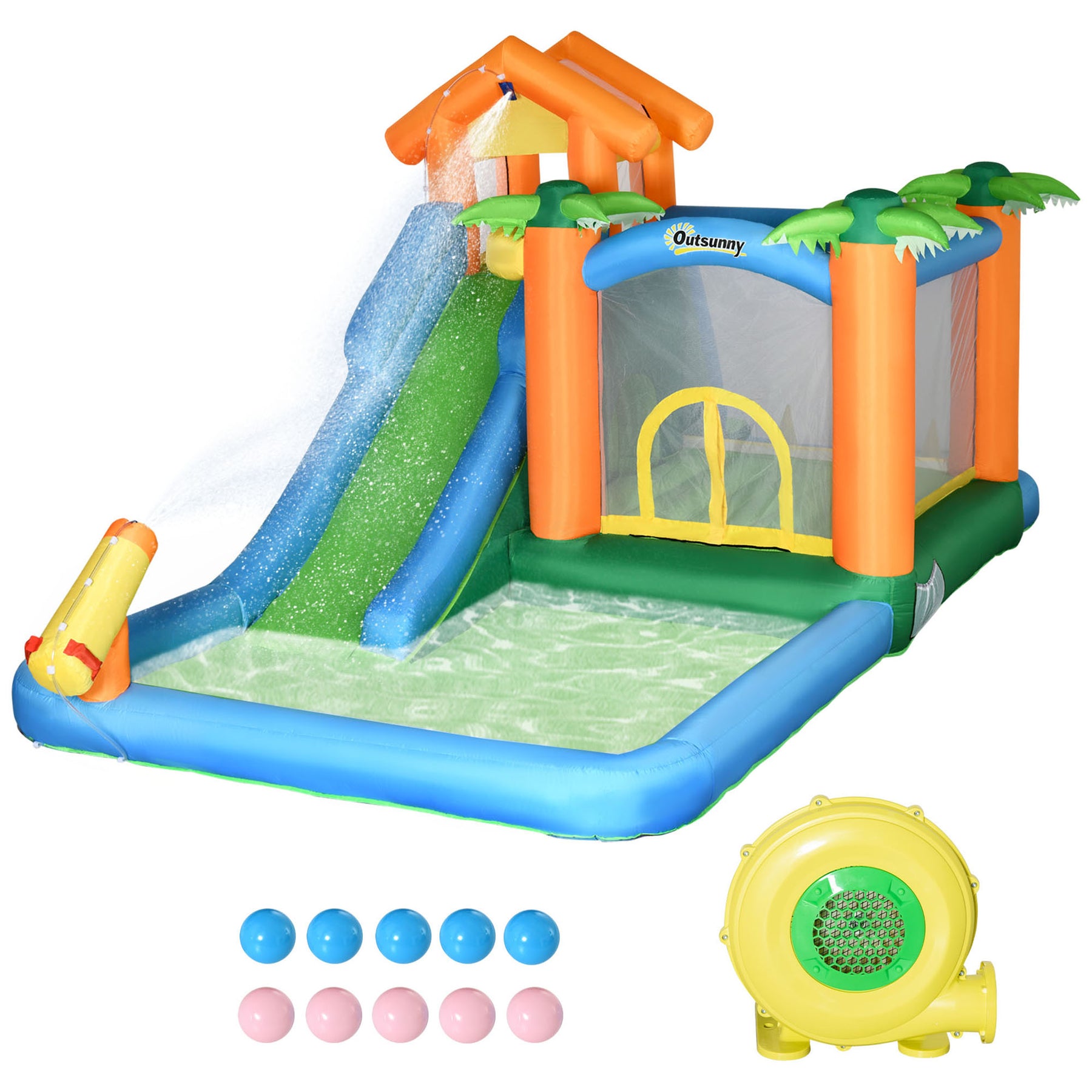 Streamdale 6-in-1 Tropical Inflatable Water Slide Summer Theme Jumping Castle Includes Floating Ball Slide Trampoline Pool Cannon Climbing Wall with Carry Bag 7833083379772