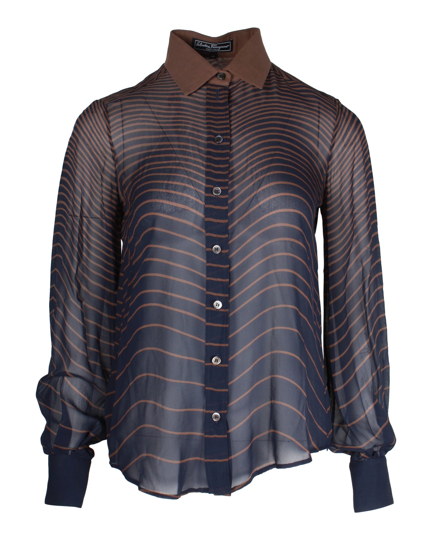 Salvatore Ferragamo Striped Buttoned Blouse in Brown and Blue Silk 7748771872828