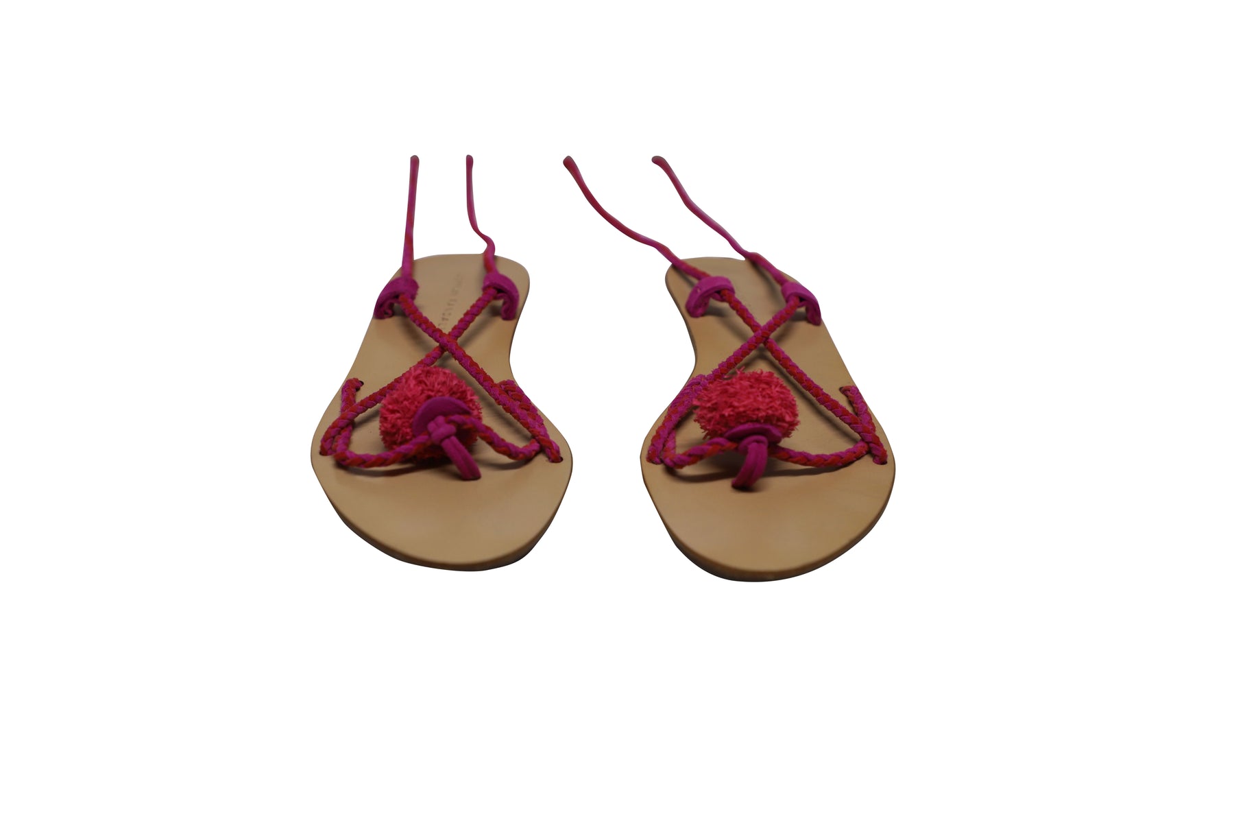 Loeffler Randall Lace Up Pompom Sandals in Brown Leather