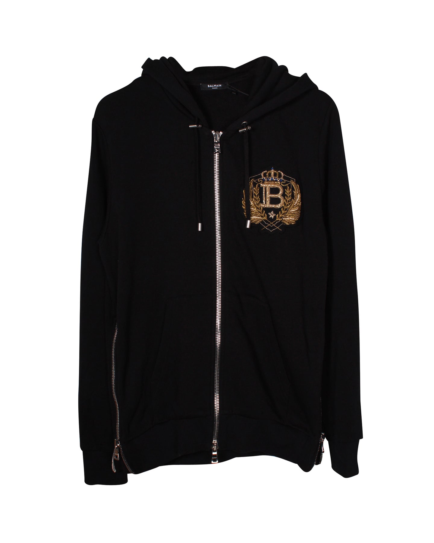 Balmain Embroidered Logo Emblem Front Zip Hoodie Jacket in Black Cotton 7703702437948
