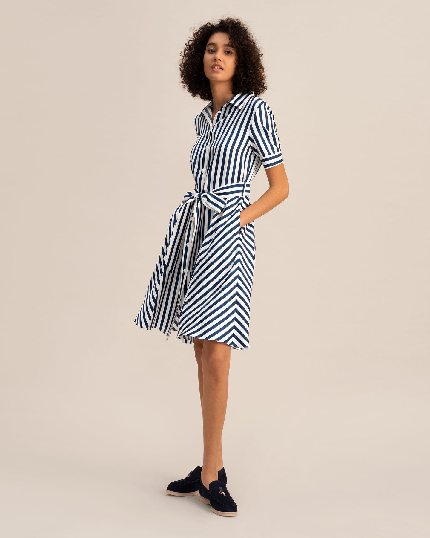 The Amalfi Stripe Silk Shirtdress with Belt for Women