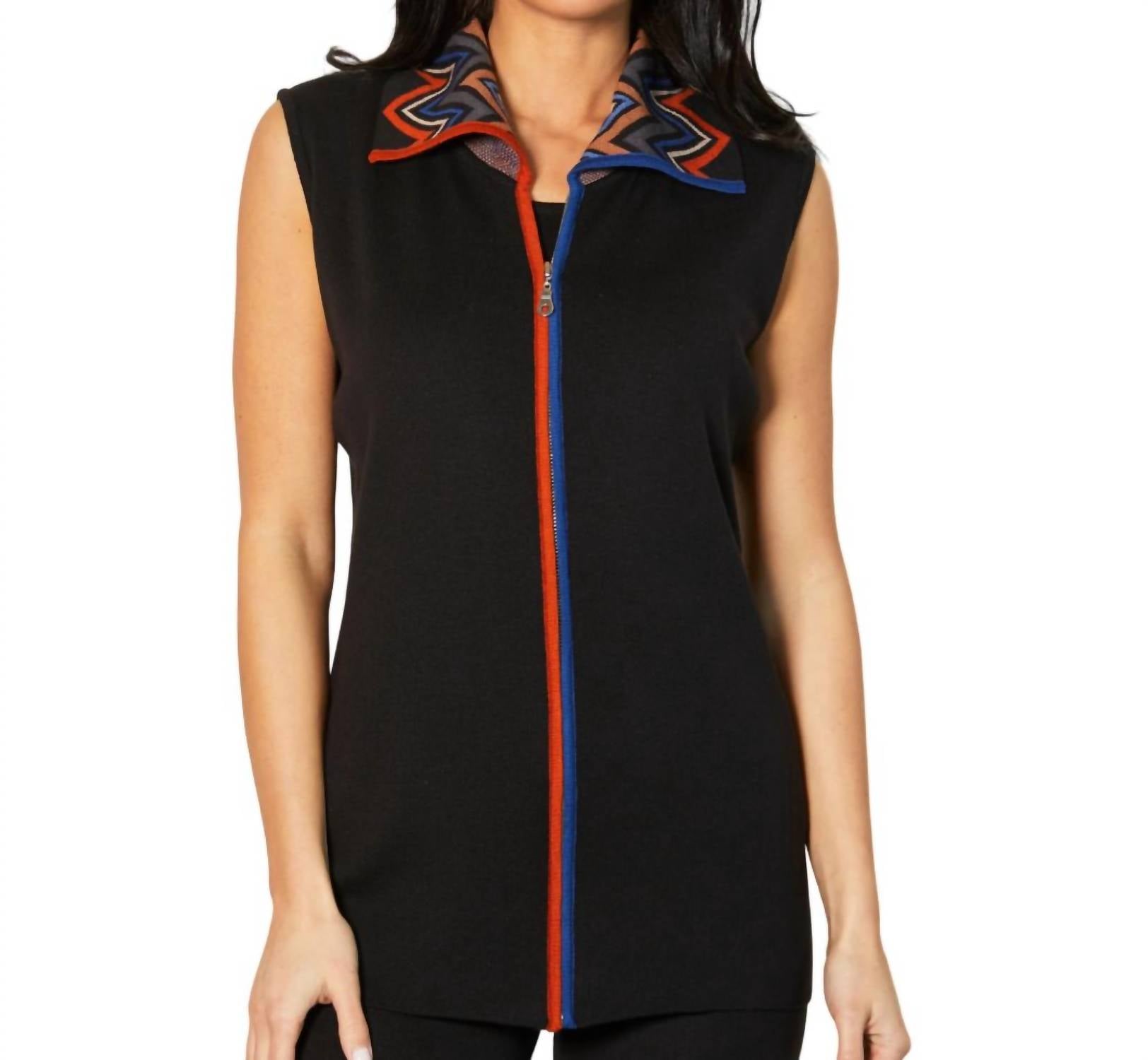 Zip Front Long Vest In Black/multi
