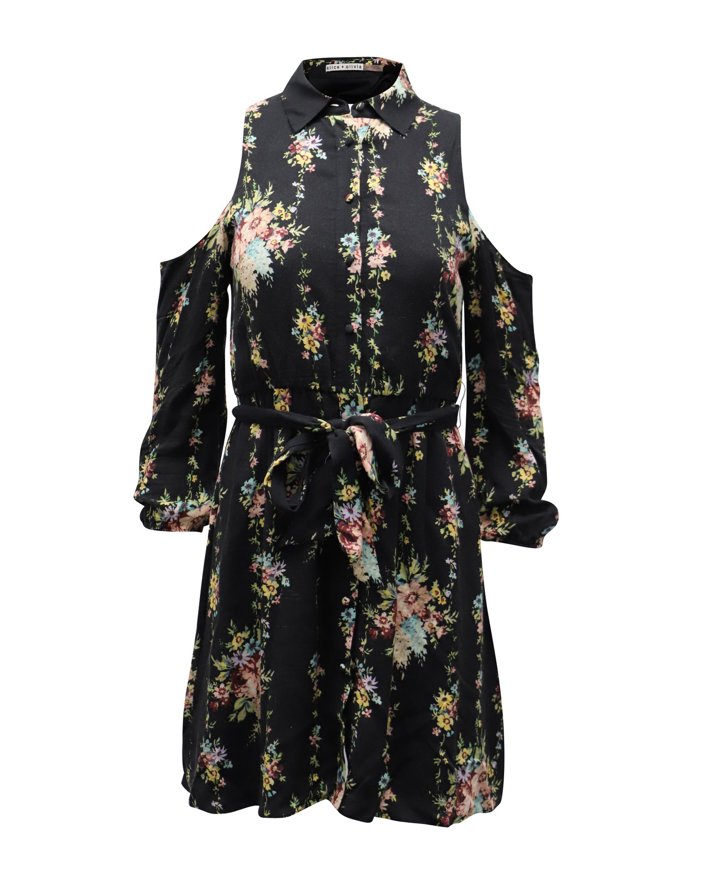 Alice + Olivia Floral Print Cold Shoulder Belted Karina Shirt Dress in Black Viscose