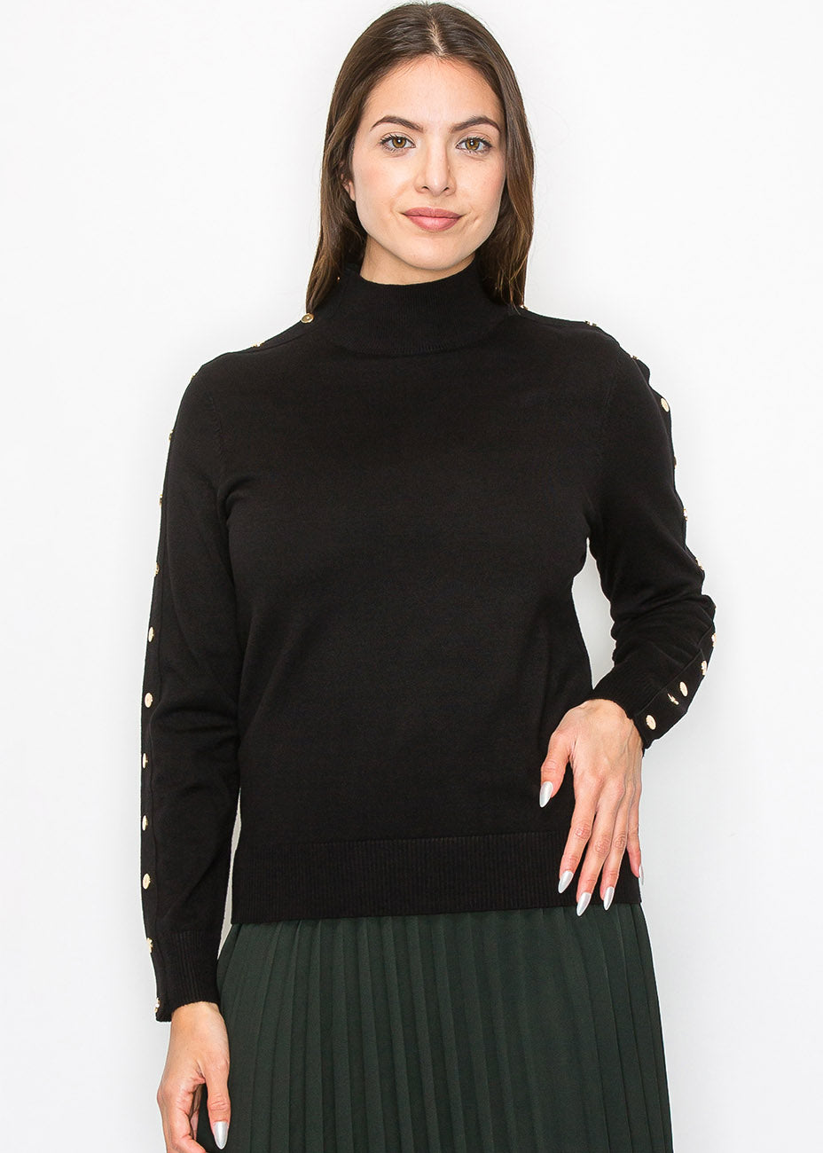 Black Buttoned Sleeve Mock Neck Top 7833009127484