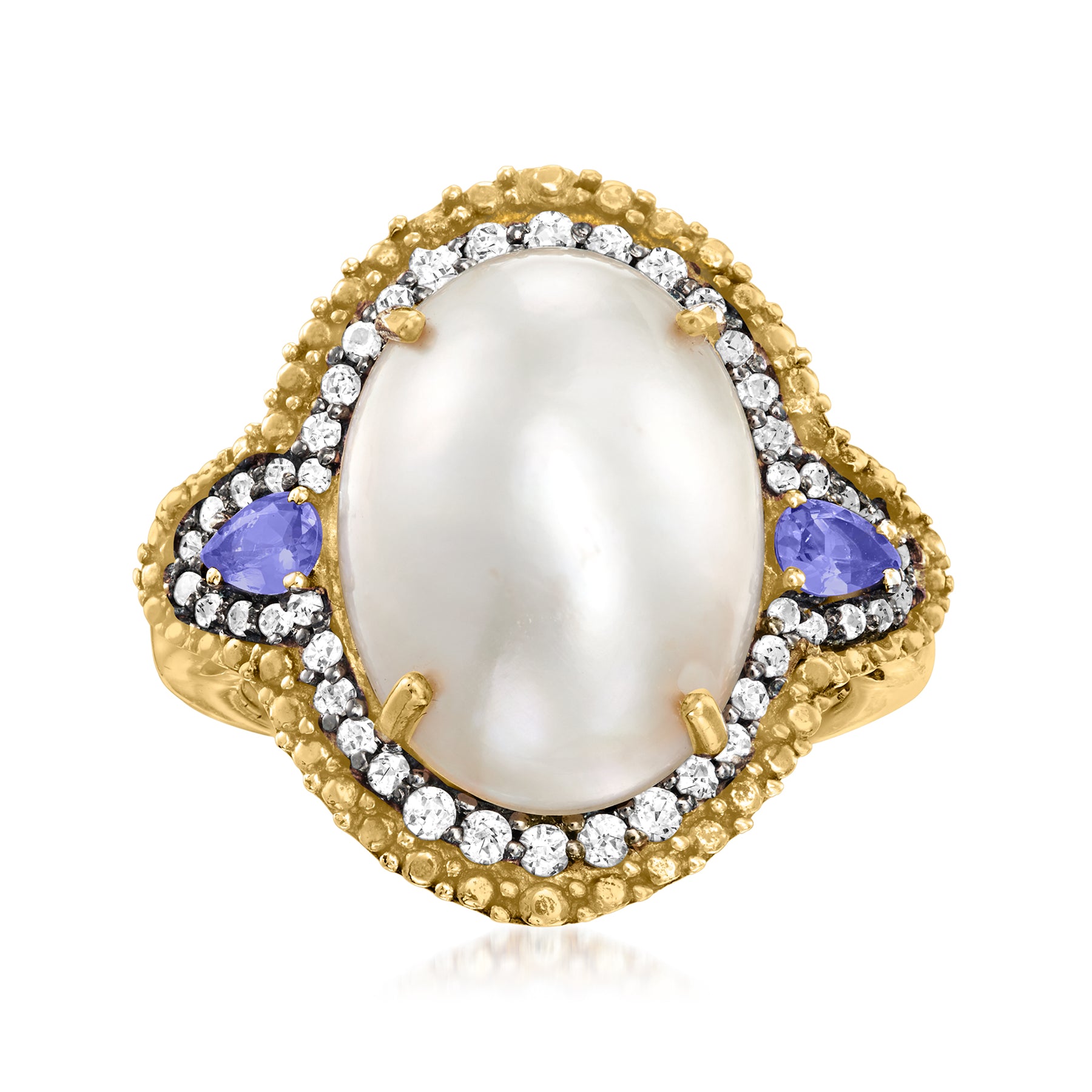 Ross-Simons 12x16mm Cultured Mabe Pearl and . Tanzanite Ring With . White Topaz in 18kt Gold Over Sterling