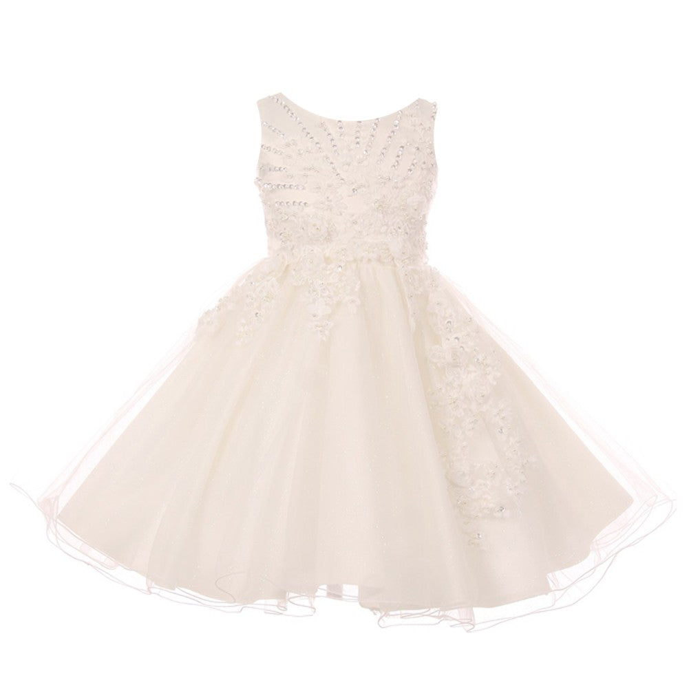 Little Girls Ivory Pearl Beaded Glitter Tulle Flower Girl Dress 2-6