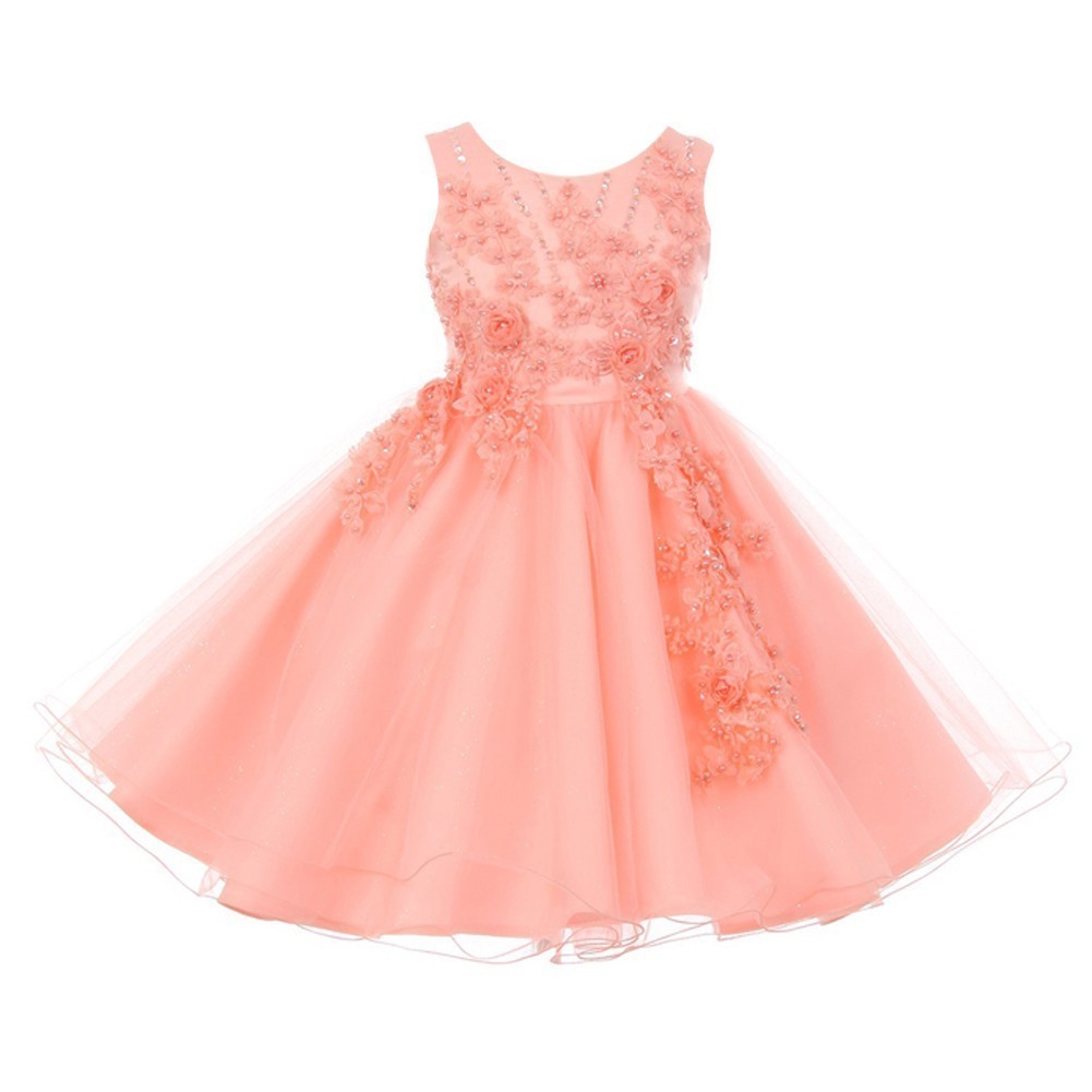Little Girls Peach Pearl Beaded Glitter Tulle Flower Girl Dress 2-6