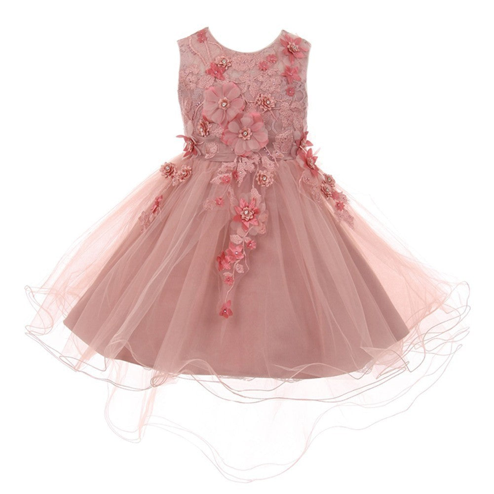 Little Girls Dusty Rose 3D Floral Appliques Hi-Low Tulle Flower Girl Dress 2-6