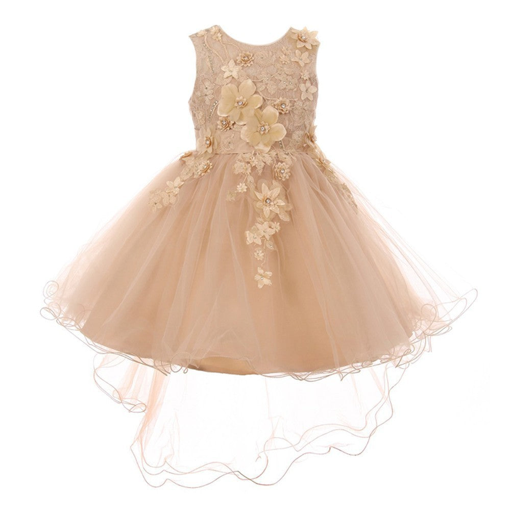 Little Girls Taupe 3D Floral Appliques Hi-Low Tulle Flower Girl Dress 2-6