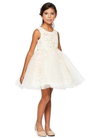 Big Girls Champagne 3D Floral Appliques Soft Tulle Flower Girl Dress 8-12