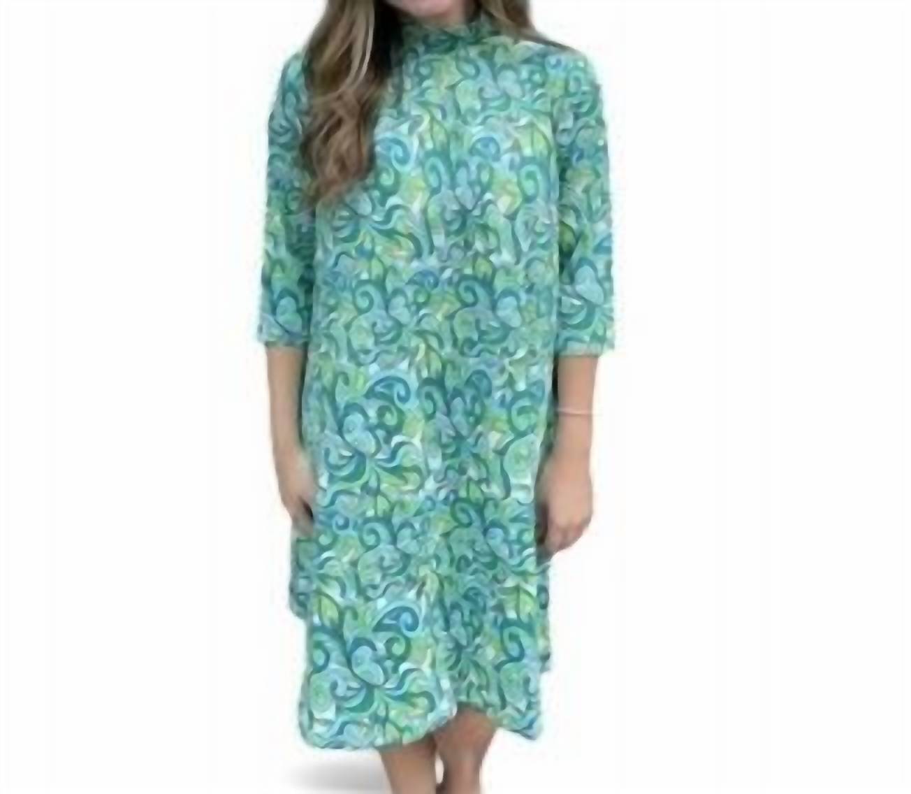 Swirl Print Moc Neck Dress In Blue/green