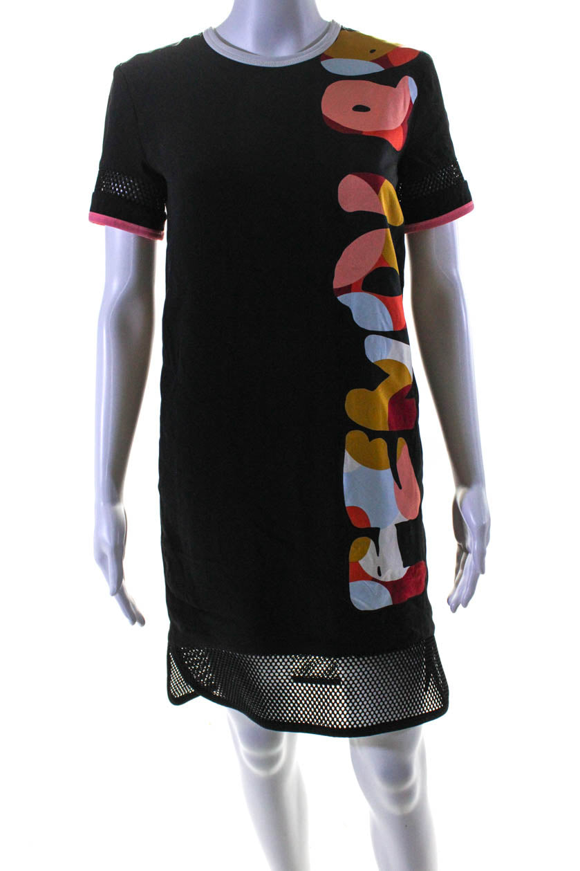 Fendi Womens Black Printed Crew Neck Zip Back Short Sleeve A-Line Dress 7833594101820
