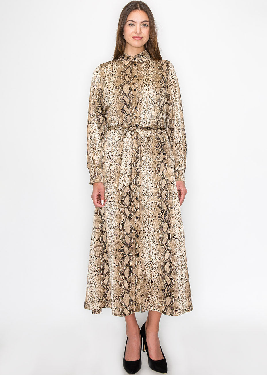 Brown Snake-Print Long Sleeve Dress 7832922193980