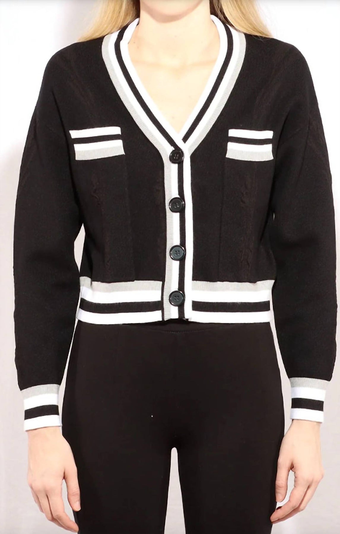 Varsity Cropped Cardigan In Black Combo 7749041881148