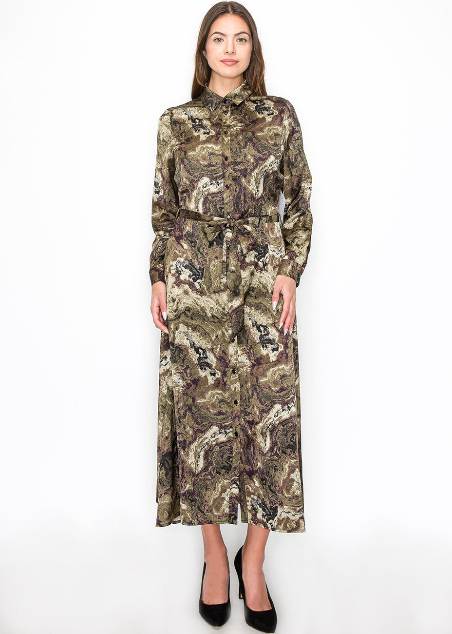 Abstract Olive Swirl Belted Dress 7833708527676