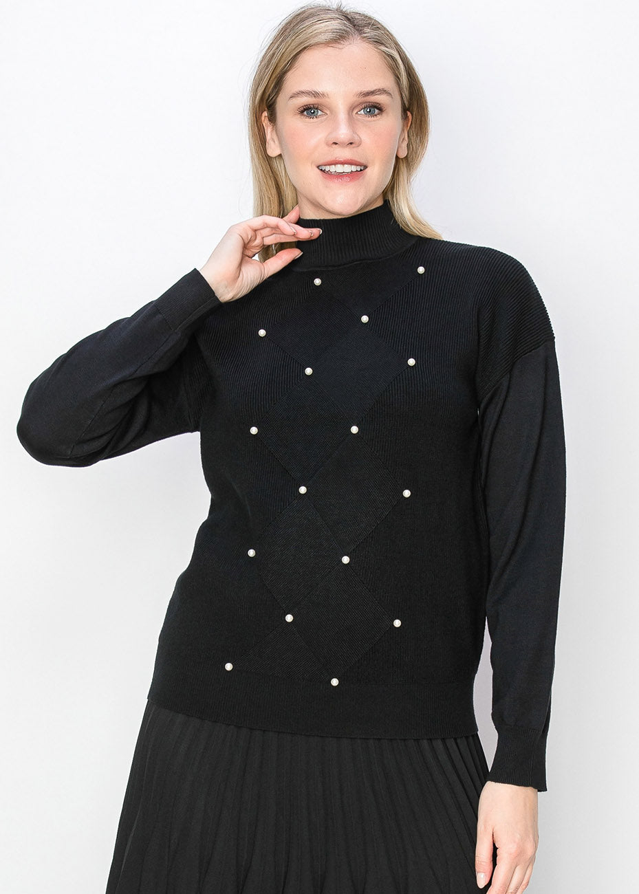 Pearl Accent Black Knit Sweater 7833054543932