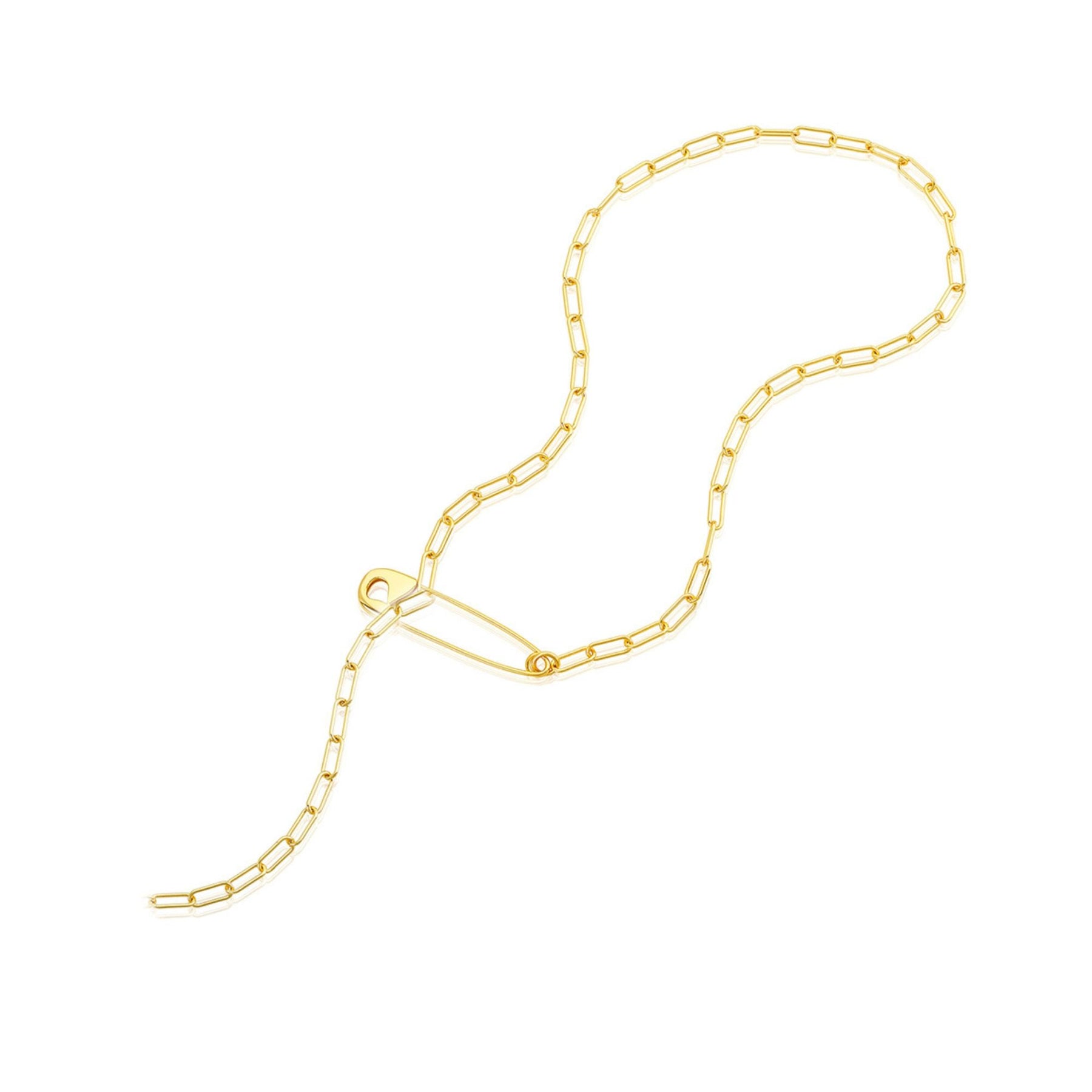 14k Gold Plated Safety Pin Paper Clip Chain Lariat Necklace