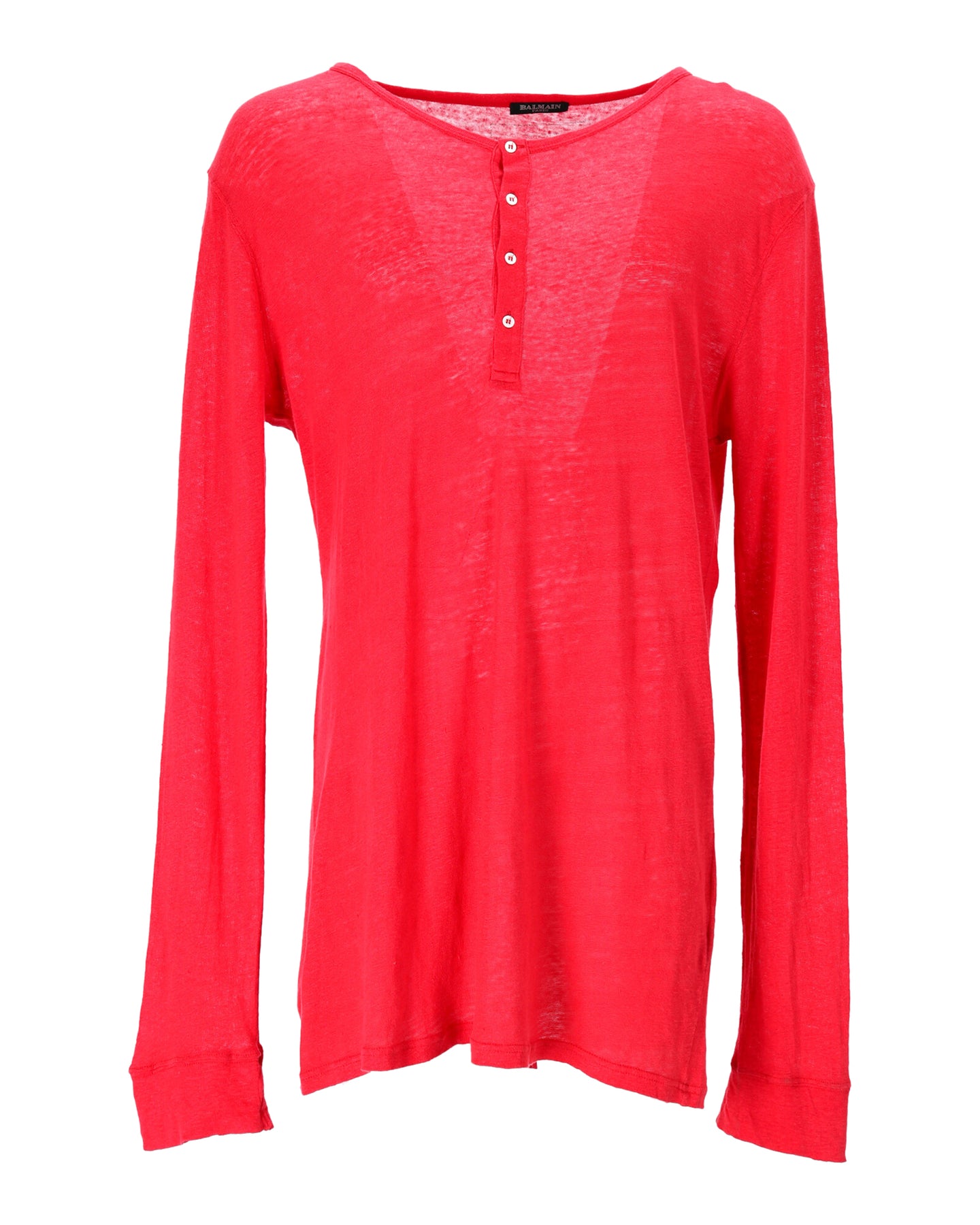 Balmain Half-Button Long Sleeve T-Shirt in Red Linen 7748754931772