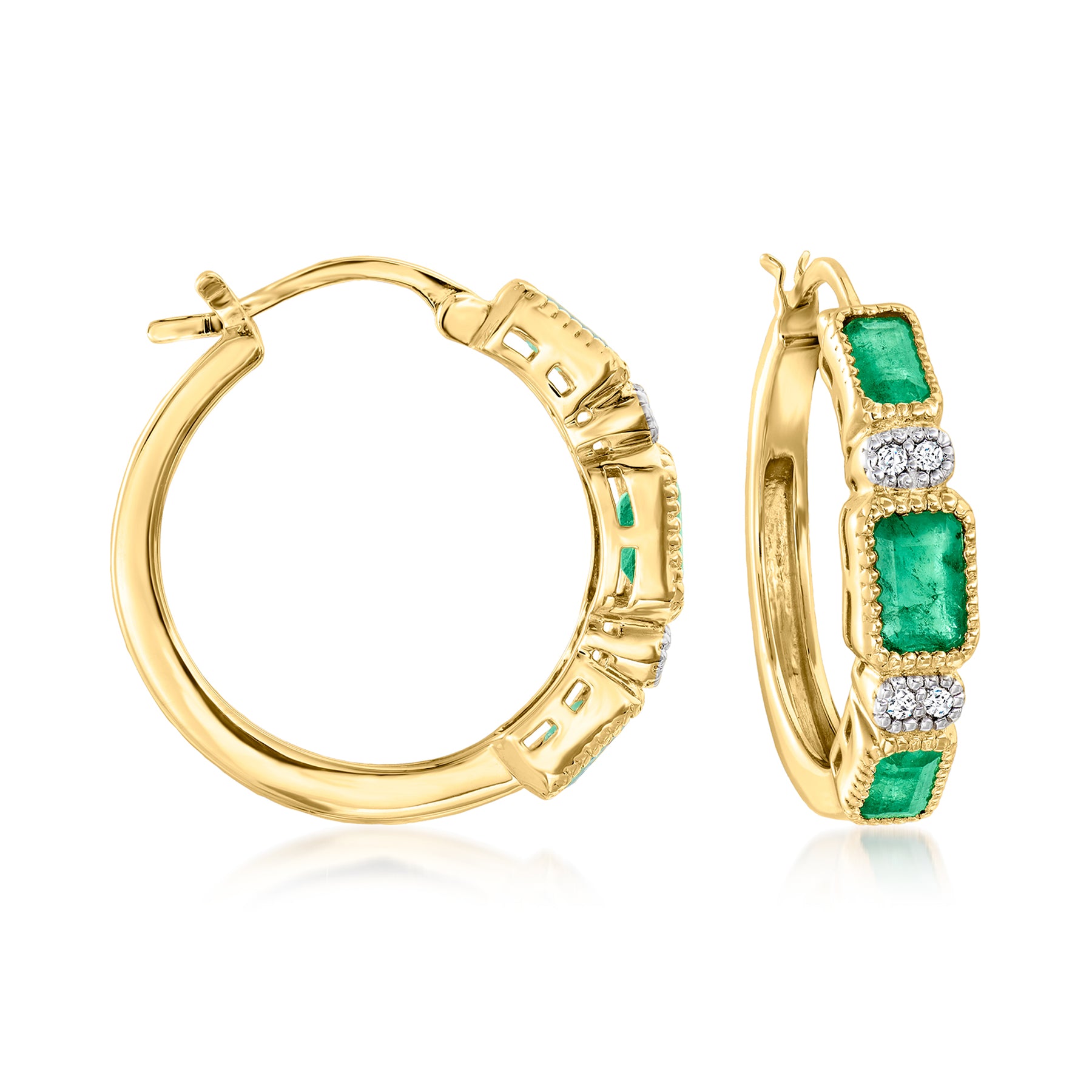 Ross-Simons Emerald and . Diamond Hoop Earrings in 18kt Gold Over Sterling