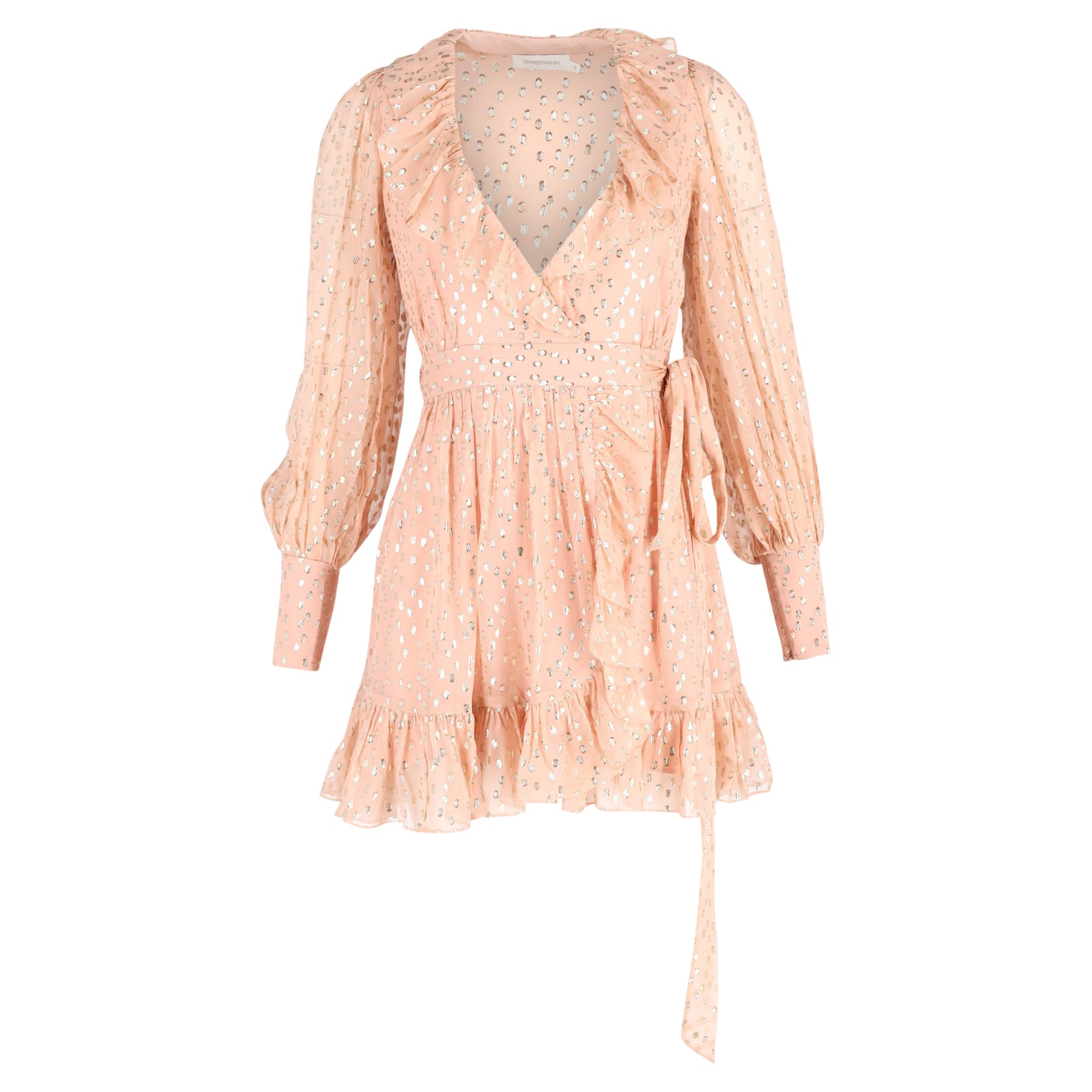 Zimmermann Ruffled Mini Wrap Dress with Gold Polka Dots in Blush Silk