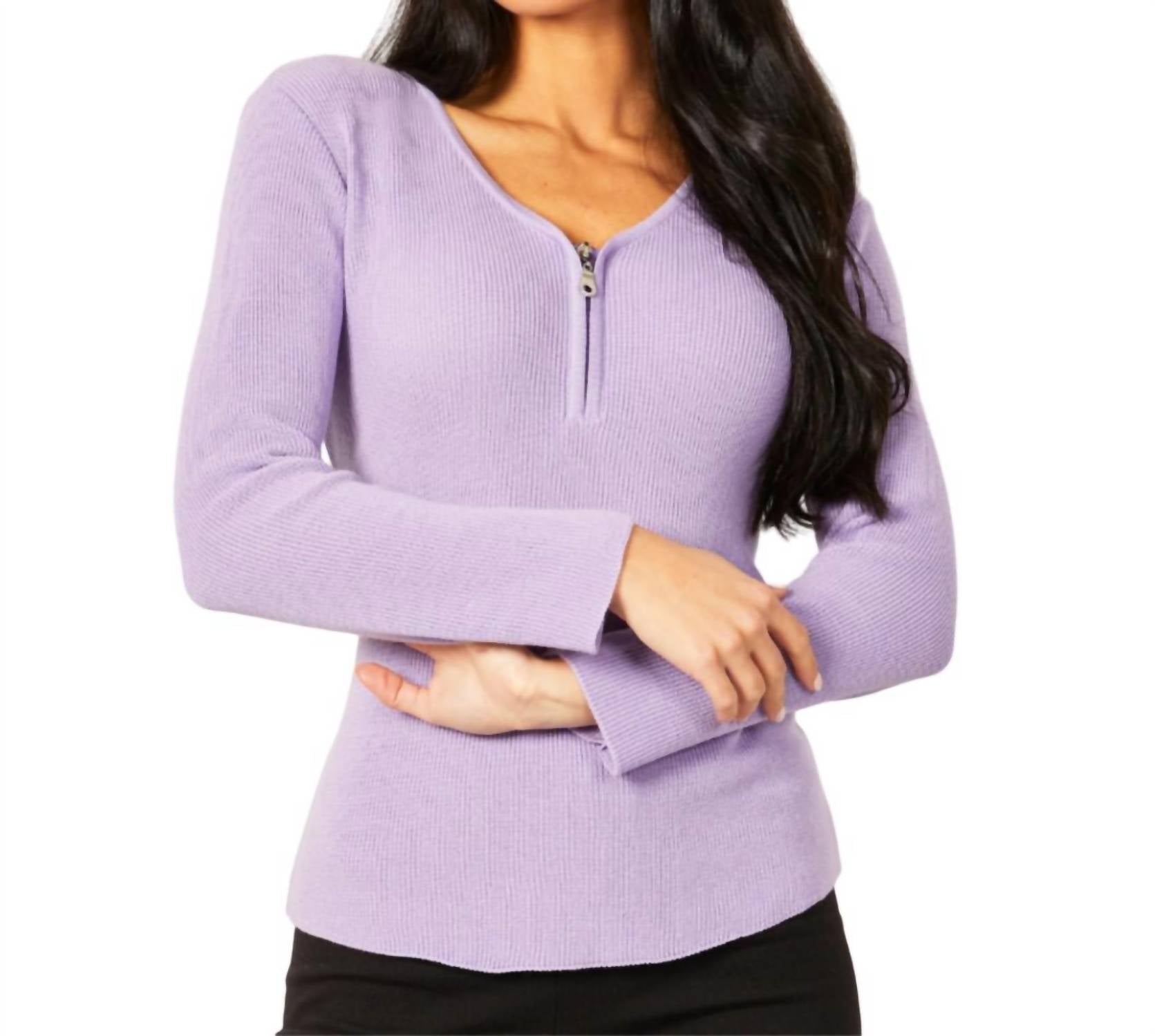 Zip V-Neck Top In Lilac