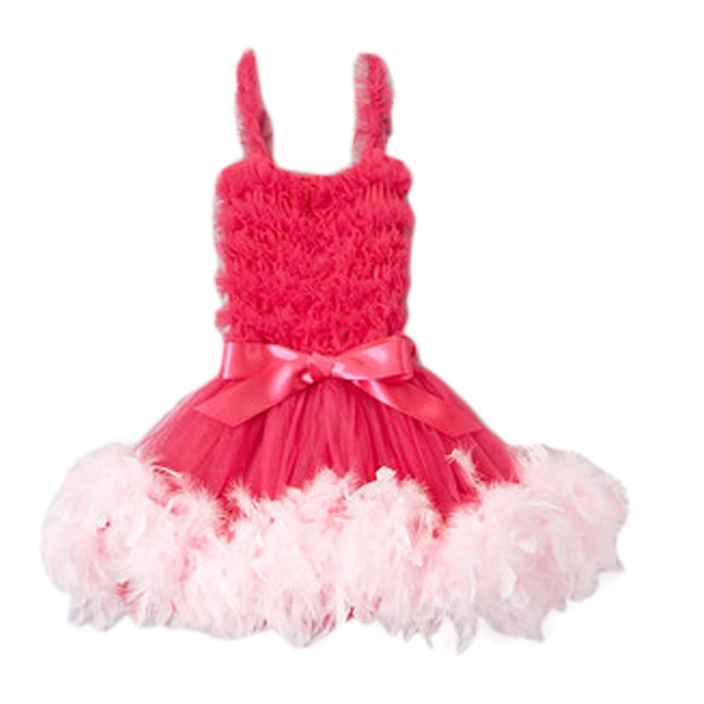 Girls Hot Pink Feathery Bow Accent Flower Girl Dress 12M-7