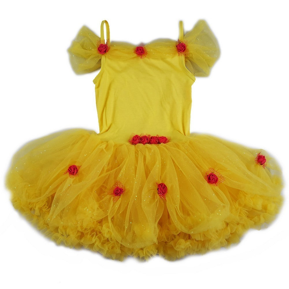 Girls Yellow Red Rose Appliques Off Shoulder Halloween Tutu Dress S-XL (9M-8)