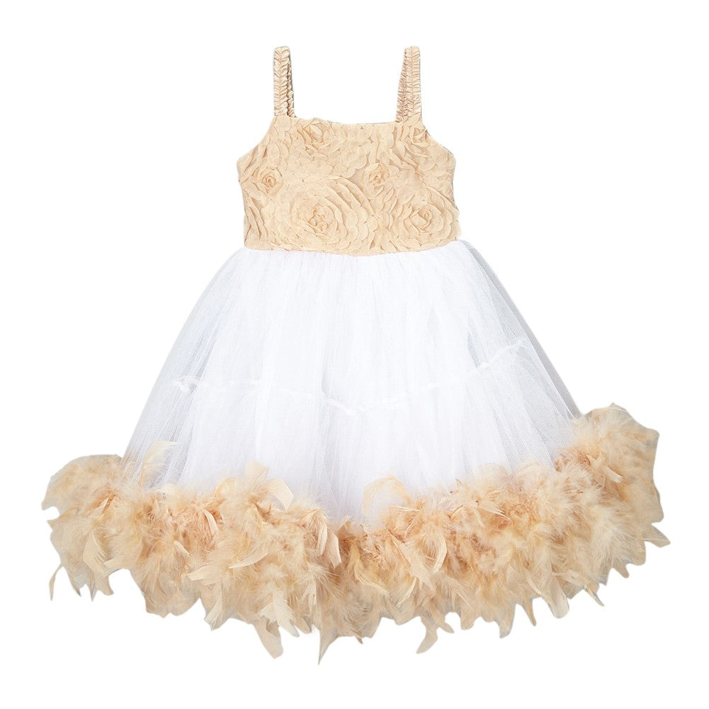 Girls Ivory Tan Rosette Top Feathery Flower Girl Dress 12M-7