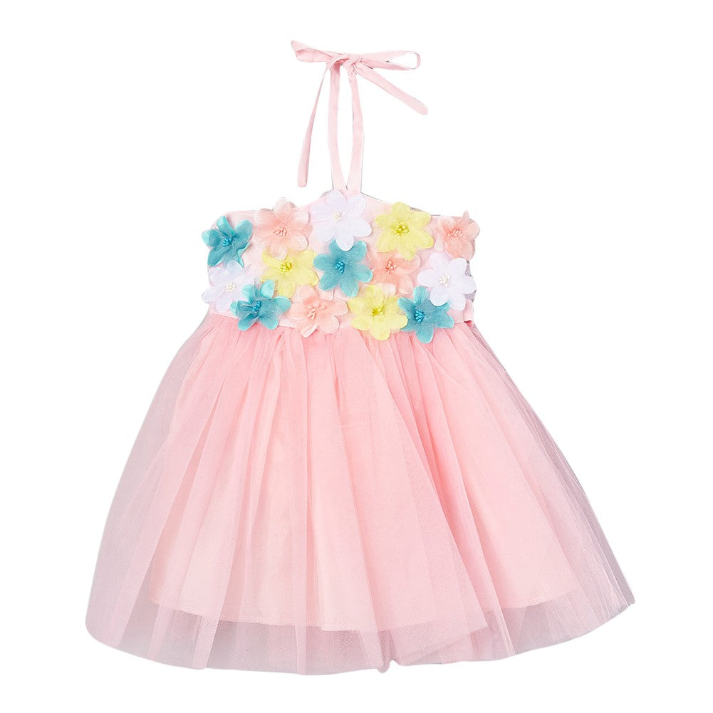 Girls Pink Halter Floral Applique Flower Girl Dress 12M-7