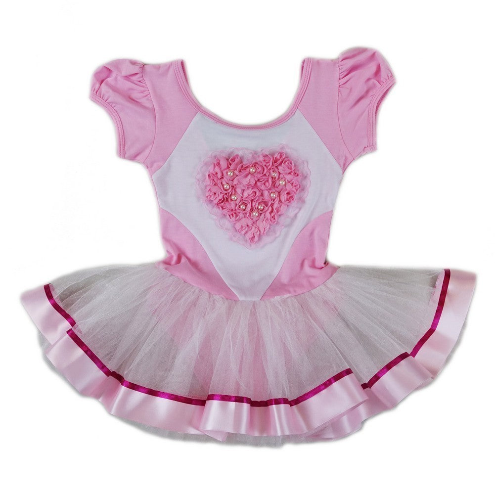 Girls Pink White Pearl Rose Heart Ballet Dress S (9-24M)-XL (6-8)
