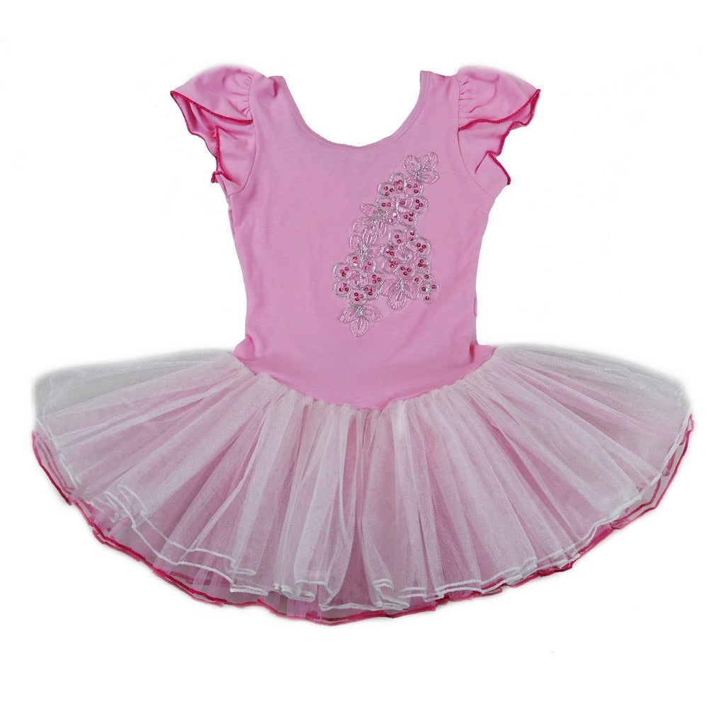 Girls Pink White Sequin Cap Sleeved Ballet Dress S (9-24M)-XL (6-8)